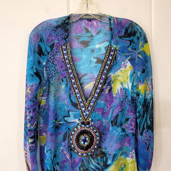 Beaded Goddess Sheer Peacock Blue Floral Swim Cover Up with Beading - Picture 2 of 6